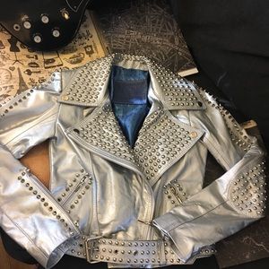 100% GENUINE Leather Studded MOTO JACKET SILVER 🎸
